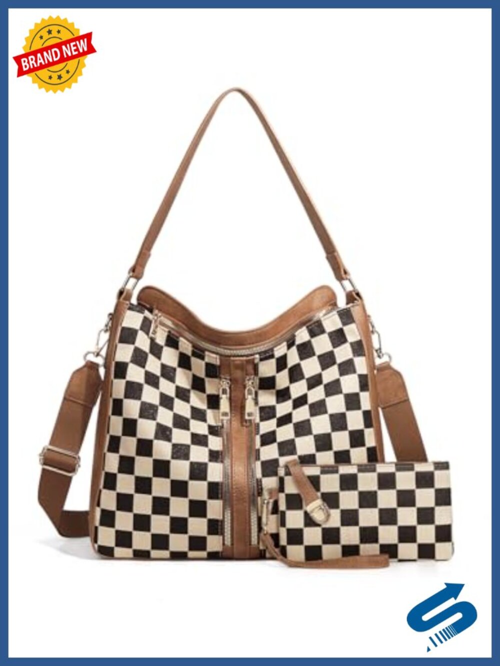 PU Leather Canvas Checkered Hobo Handbag Crossbody Shoulder Tote